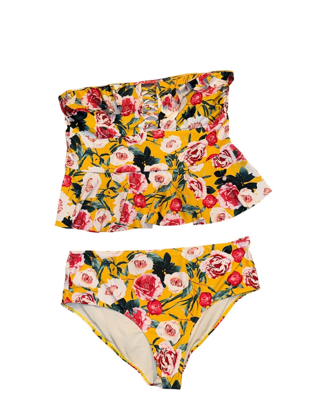 Floral Peplum Tankini w Lattice Lace-Up Front & High-Waisted Bottoms Set 3XL